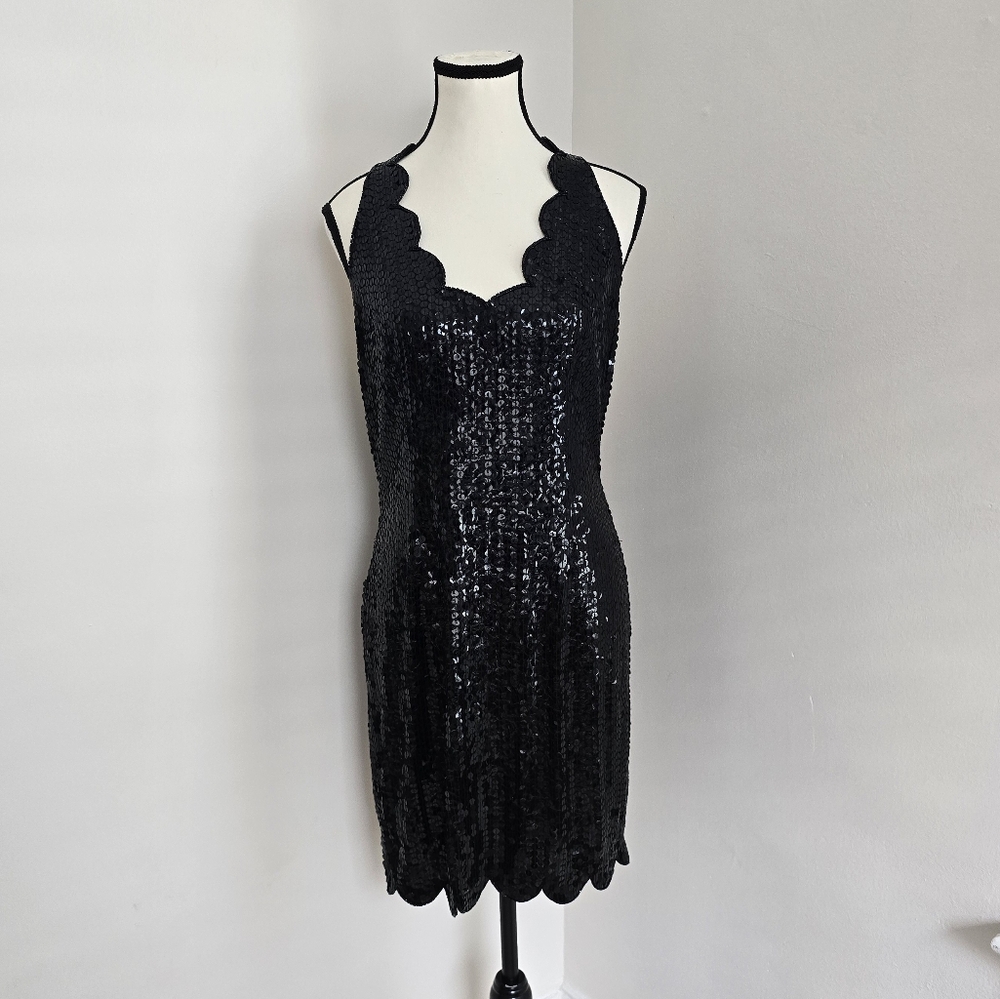 GORGEOUS Vintage 90s Niteline By Della Roufogali Black Sequin Mini Dress Size 8